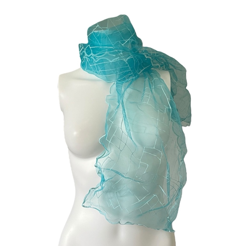 Vintage 1960s Bright Blue Scarf Geometric Flocked Design Scalloped Hem